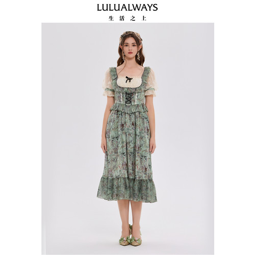 LULUALWAYS【商场同款】法式甜美气质温柔风方领连衣裙