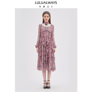 LULUALWAYS我爱露露25秋季新款浪漫灵动飘逸雪纺荷叶边长袖连衣裙