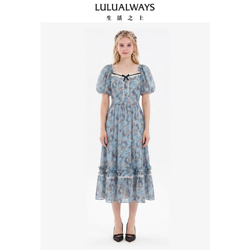 LULUALWAYS我爱露露26夏季新款法式甜美花卉方领泡泡袖雪纺连衣裙