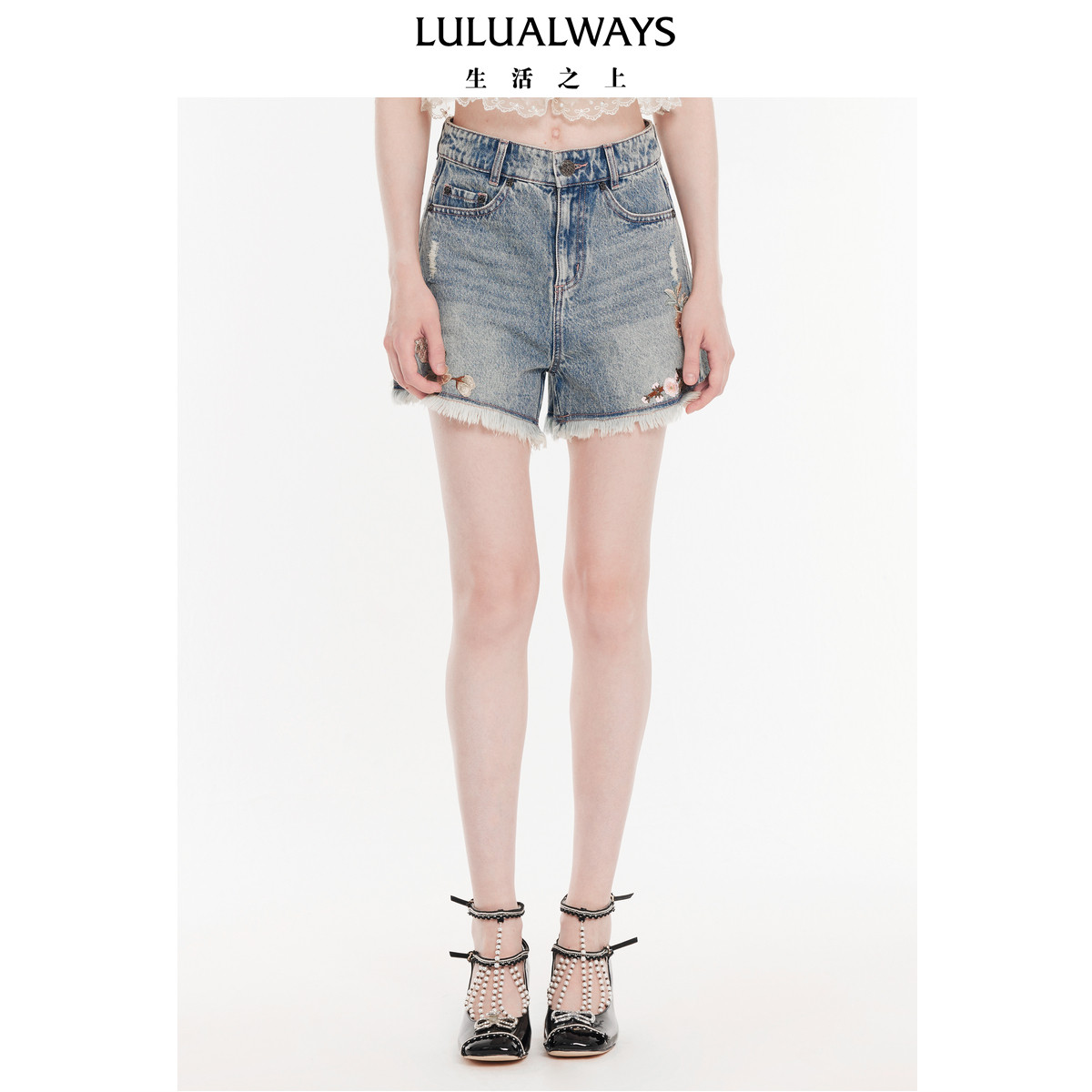LULUALWAYS【商场同款】秋季新款简约时尚百搭磨毛绣花棉短裤女