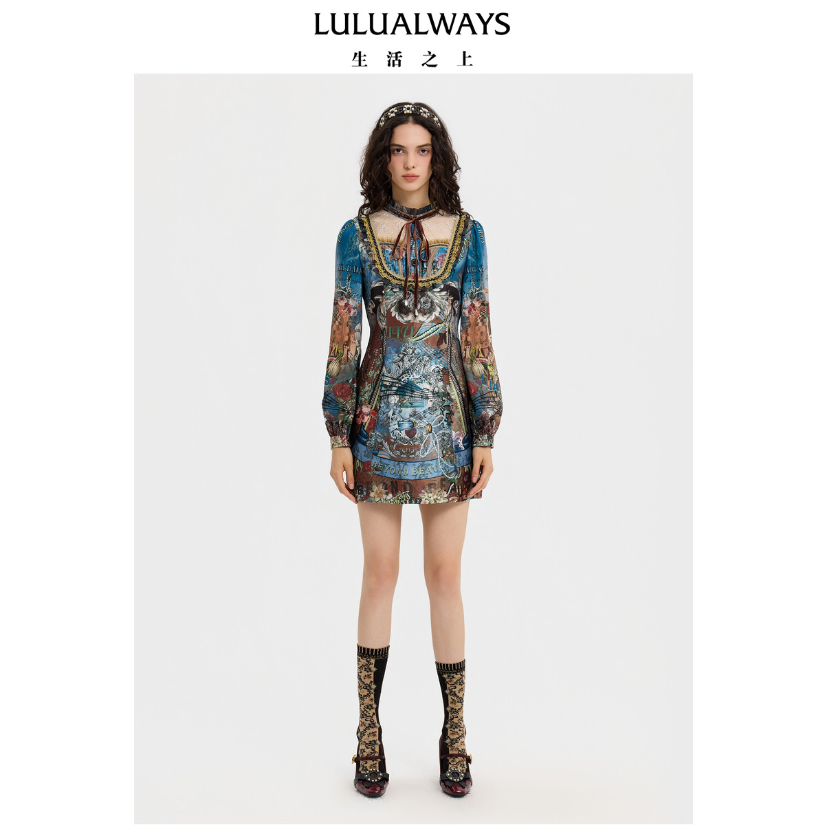 LULUALWAYS【商场同款】25冬季新款复古法式优雅蝴蝶结蕾丝连衣裙,女装/女士精品,连衣裙,淘宝优惠券,粉丝福利购,淘宝优惠卷
