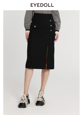 EYEDOLL新款百搭侧开叉黑色直筒中长款半裙