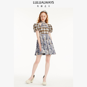 我爱露露LULUALWAYS秋季甜美田园风盘扣百褶短袖连衣裙