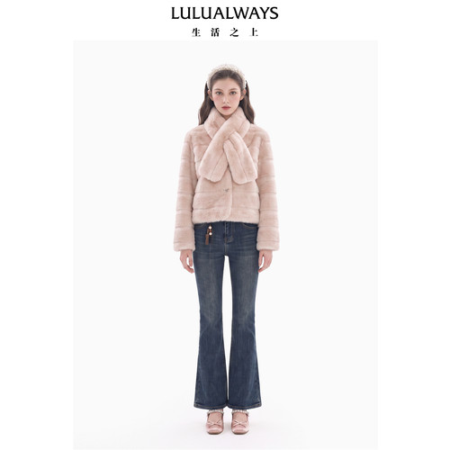 LULUALWAYS我爱露露26冬季新款气质名媛温柔风粉色圆领环保皮草