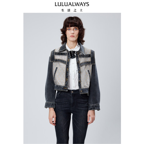 LULUALWAYS我爱露露秋季时尚简约翻领牛仔拼接短款外套