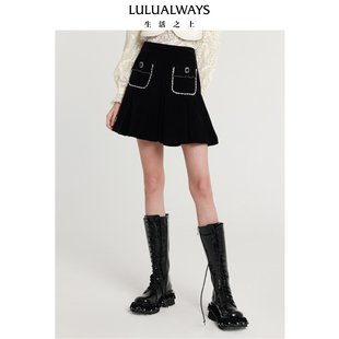 LULUALWAYS我爱露露新款 百搭优雅简约黑色A字百褶短裙