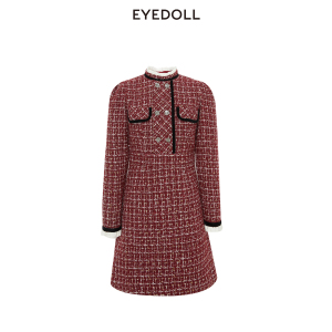 EYEDOLL【商场同款】新款显白直筒小香风红色短款连衣裙