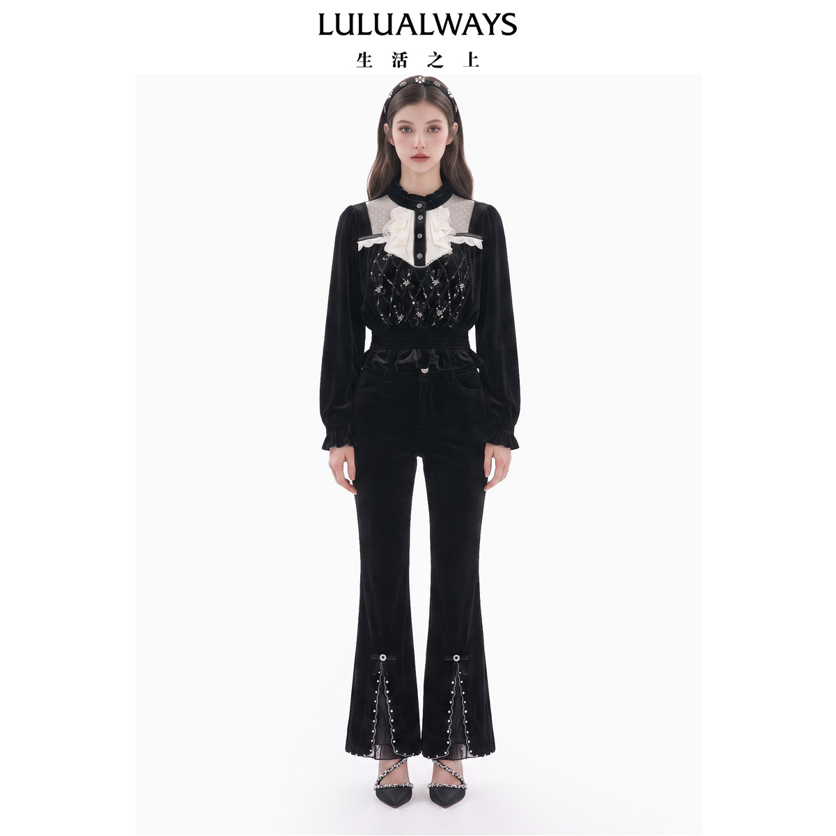 LULUALWAYS【商场同款】26冬季新款复古宫廷立领收腰蕾丝短款上衣