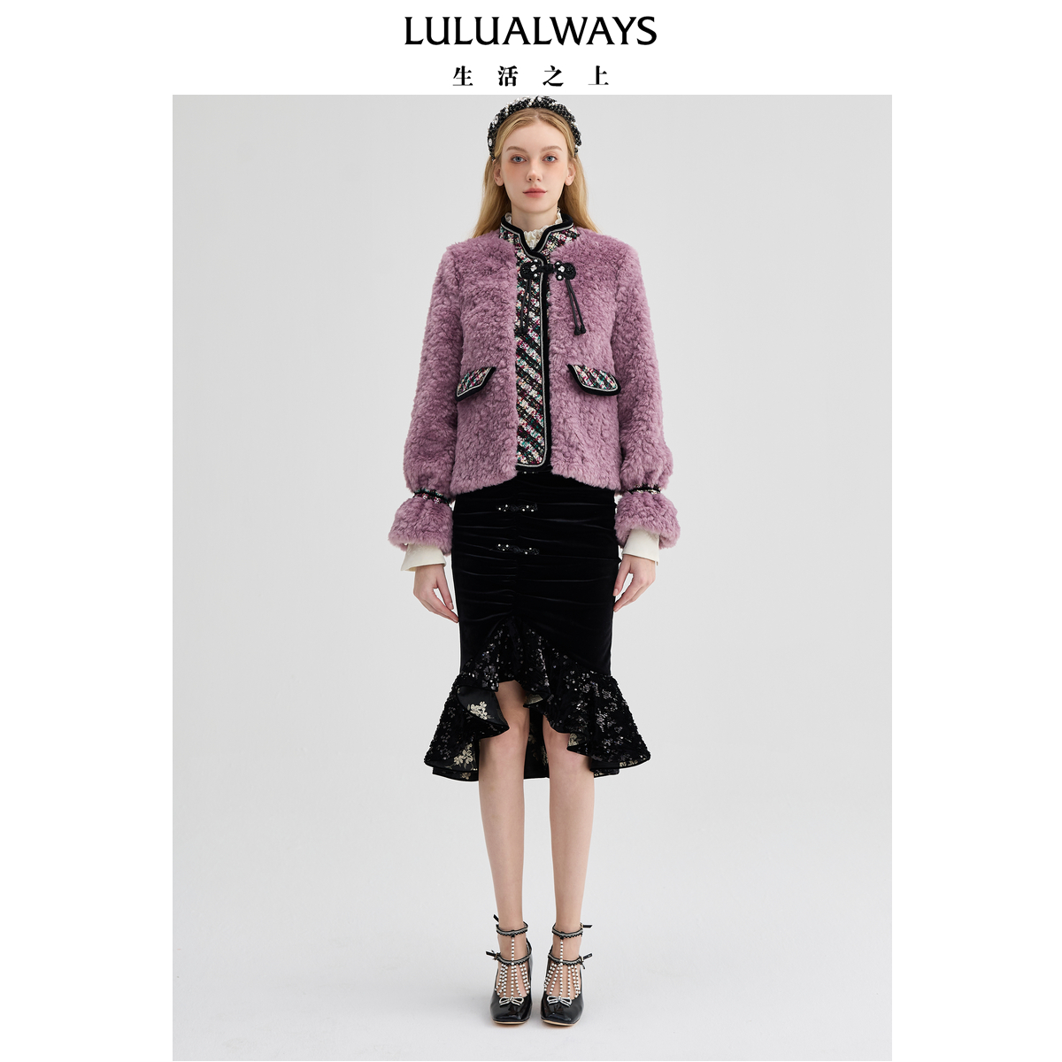 LULUALWAYS【商场同款】冬季新款国风设计感盘扣短款毛毛外套女
