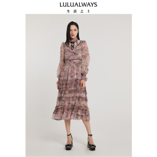 LULUALWAYS我爱露露新款 温柔雪纺蝴蝶结蛋糕裙连衣裙