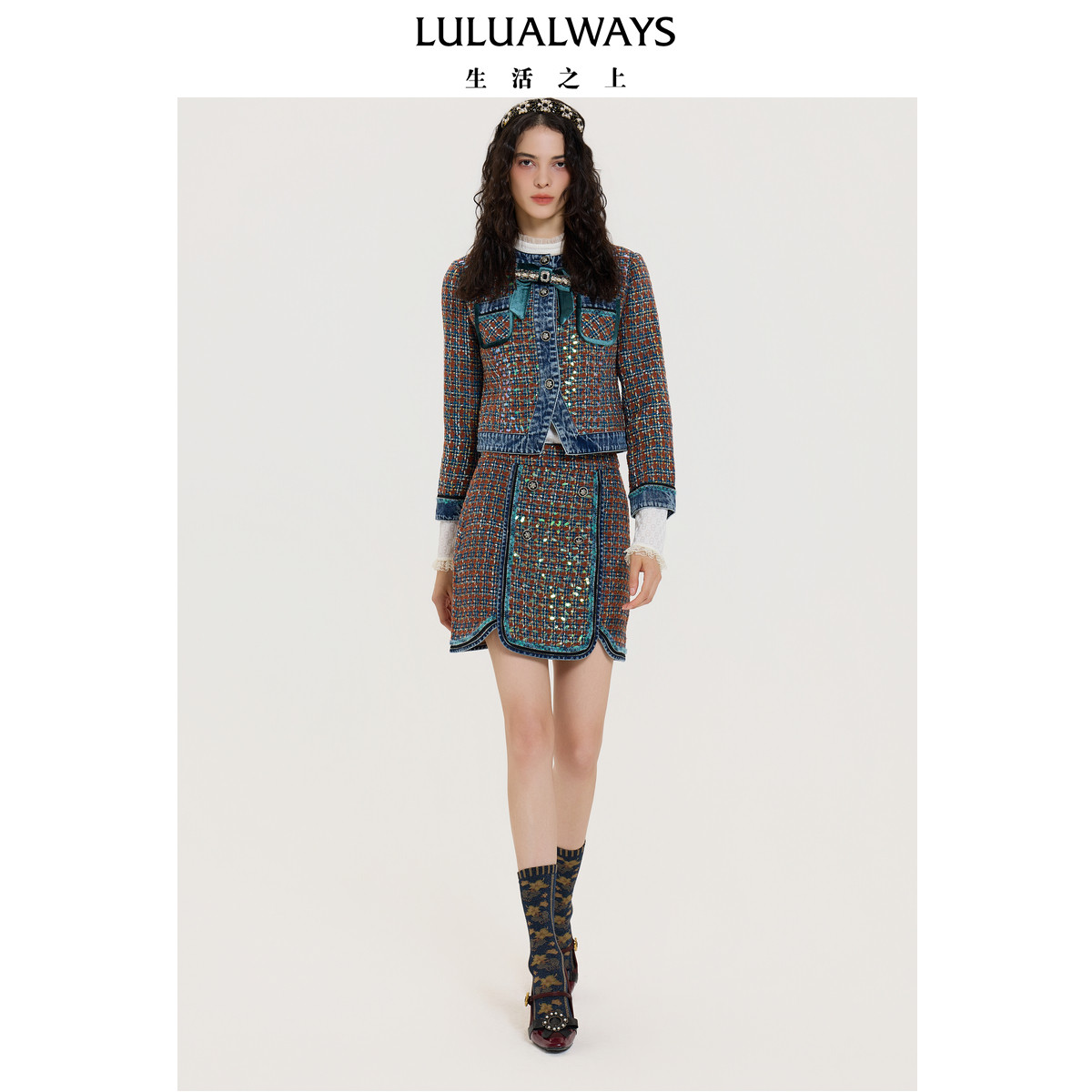 LULUALWAYS【商场同款】25秋季新款复古蝴蝶结小香风粗花呢短外套