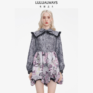 LULUALWAYS【商场同款】撞色格子花卉印花连衣裙灯笼裙珠片领边