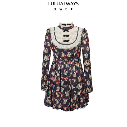 LULUALWAYS【商场同款】秋季新款复古重工印花丝绒花边连衣裙女