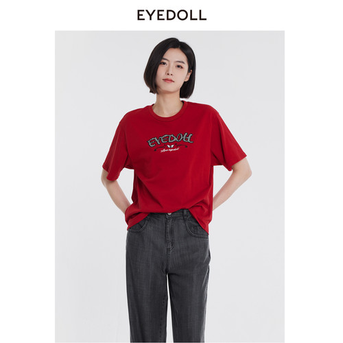 EYEDOLL夏季新款直筒宽松休闲时尚圆领显白红色T恤