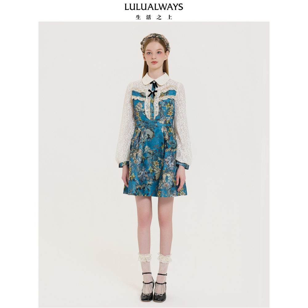 【商场同款】LULUALWAY25春秋新款提花复古重工收腰显瘦连衣裙女