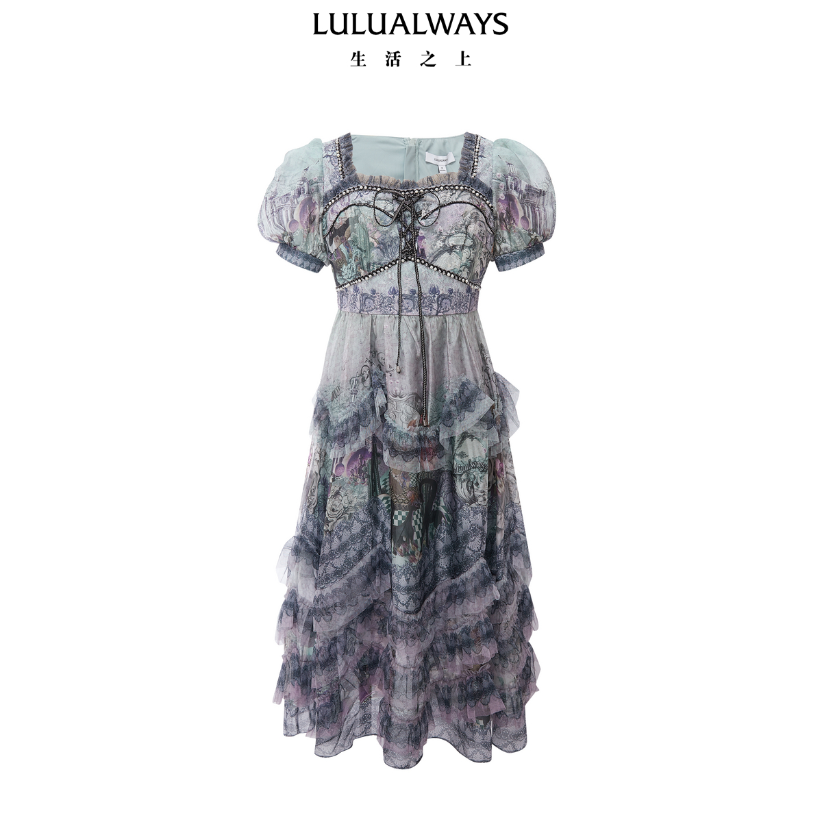 LULUALWAYS我爱露露夏季新款华丽重工印花蛋糕裙长款连衣裙