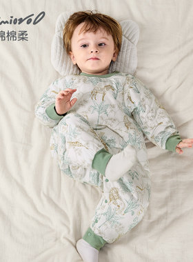 儿童夹棉连体衣冬季加厚加棉宝宝睡衣保暖家居服男女宽松防踢冬装