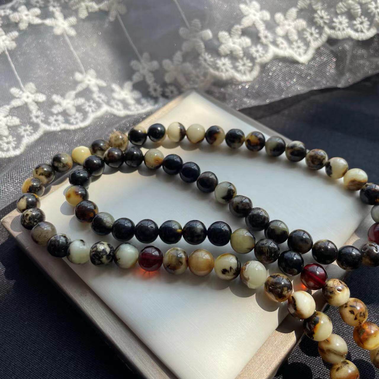 一物一图天然蜜蜡奥利奥药珀108 珠手链白花蜜蜡圆珠手串男女饰品