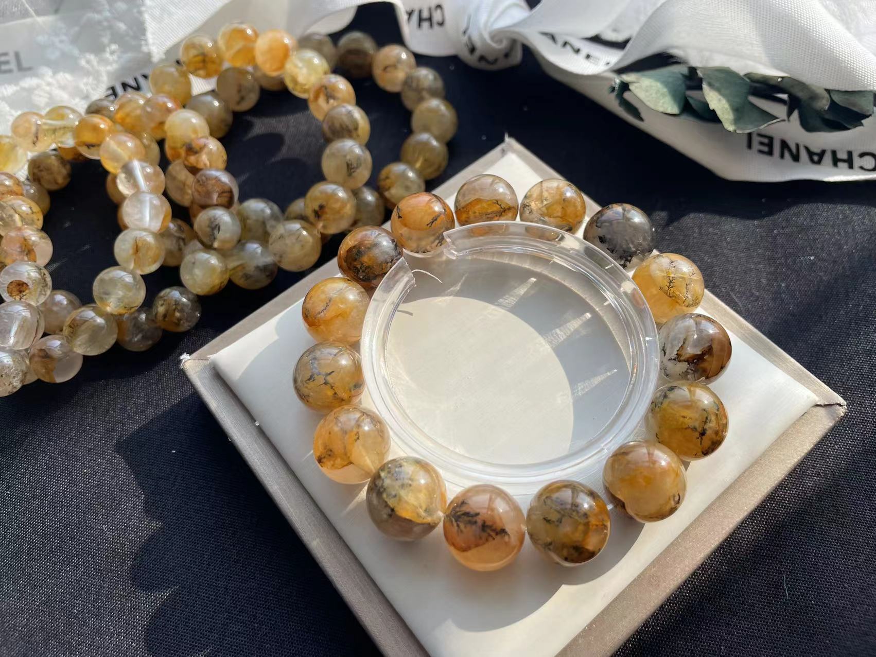 一物一图天然水晶小树黄胶花手串黄金树景象鸩羽幽灵盆景手链饰品