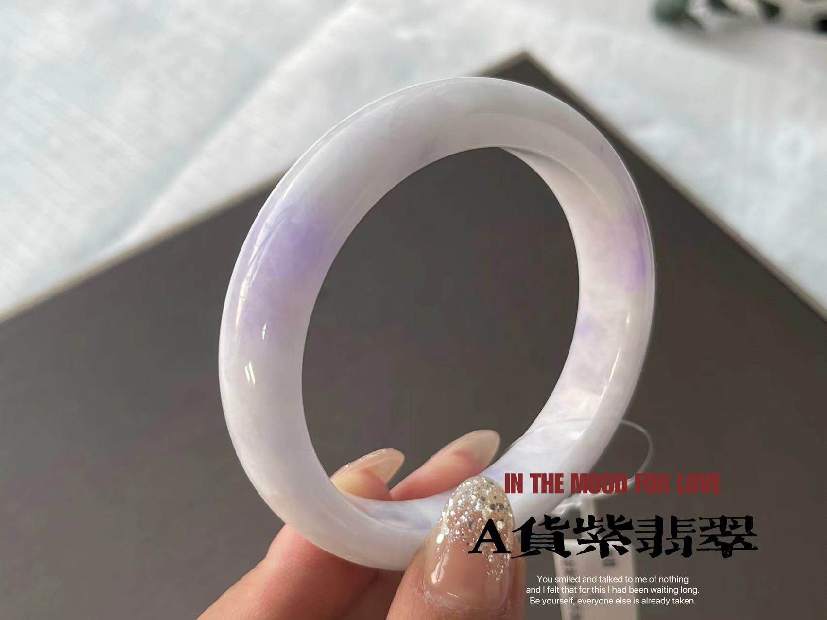 一物一图天然春彩紫罗兰翡翠手镯a货缅甸宽版糯种紫情侣玉叮当镯