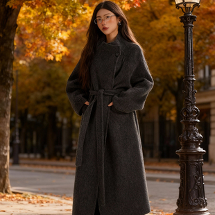 碳黑双面羊绒大衣女中长款秋冬宽松茧型纯羊毛大衣系带毛呢外套