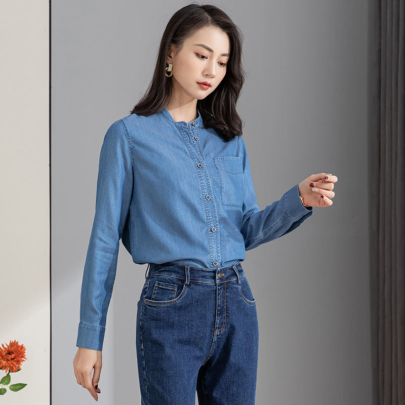 梦舒雅上衣衬衫女春2022年新款天丝牛仔长袖宽松显瘦立领蓝色衬衣