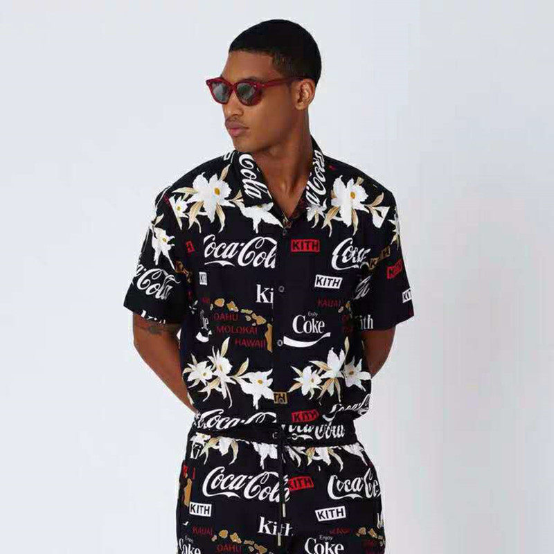 KITHXCOCA-COLA 20SS JOINT SHIRT MALE PRINT HAWAIIAN BEACH SHORTS FEMALE SUIT TIDE COUPLE
