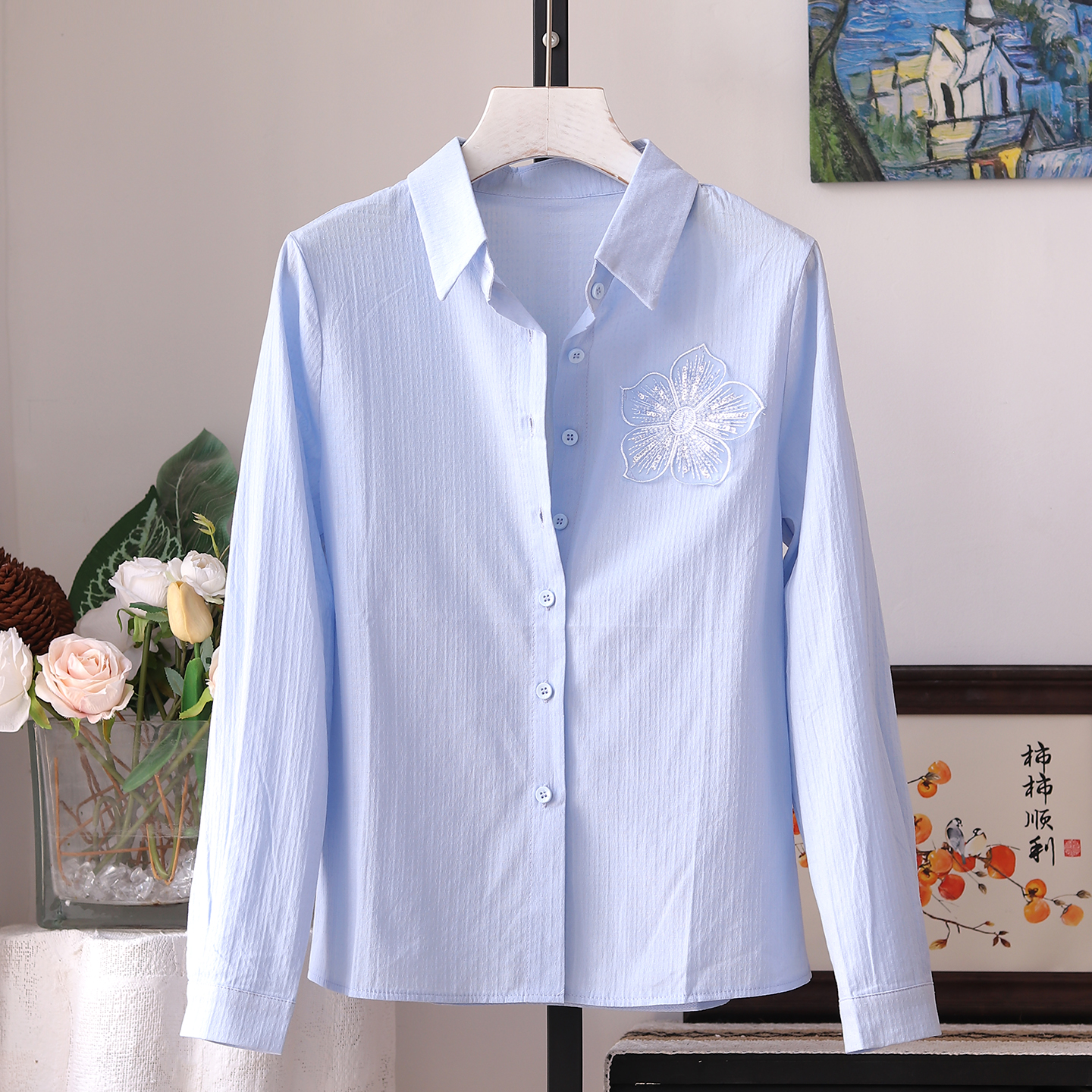 休闲衬衣百搭上衣蓝色气质打底