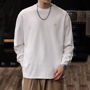 长袖 圆领内搭打底衣服春秋款 t恤男2024新款 男士 秋季 白色刺绣美式