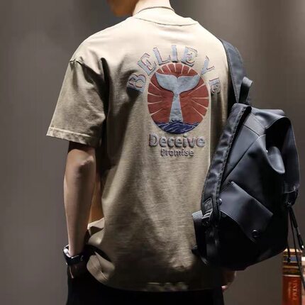 夏季复古短袖潮牌宽松体恤ins纯棉重磅T恤男士美式潮流圆领半袖潮