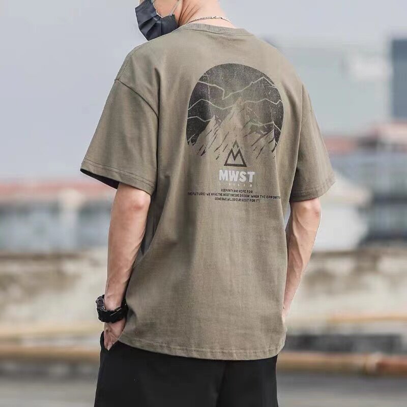 重磅纯棉潮牌山峰印花短袖T恤男夏季复古潮流宽松百搭半袖打底衫