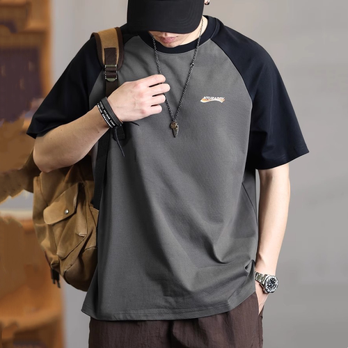 短袖潮牌青少年拼接撞色插肩袖t