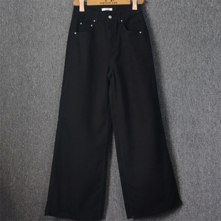 外贸韩单黑色高腰牛仔裤春秋棉质垂感直筒阔腿长裤硬朗遮肉拖地裤