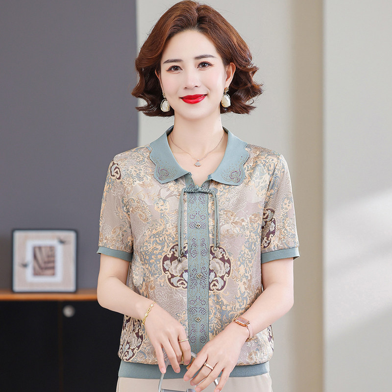 妈妈夏装短袖小衫中老年女装翻领t恤中年夏季国风短袖上衣新款