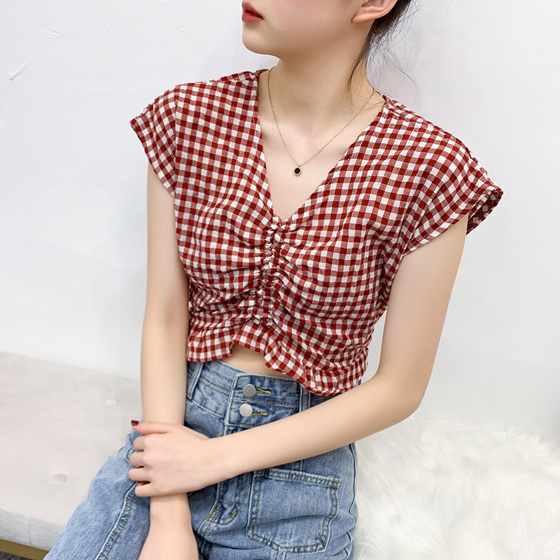 Hong Kong style retro chicV Short sleeved Fold lattice shirt jacket design have cash less than that is registered in the accounts Exposed navel shirtin the Women's clothing/Boutique , Shirt  category - from Buy2taobao.com to provide professional Taobao agent buy service