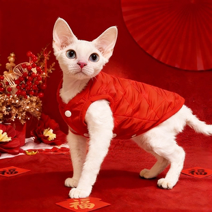 德文猫新年衣服新款红色喜庆加厚夹棉马甲阿比无毛猫冬装保暖背心