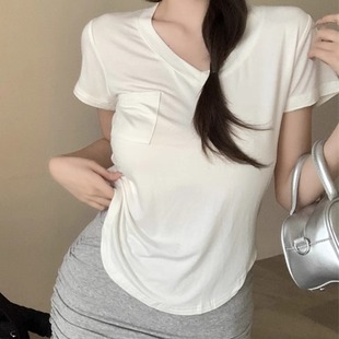 韩国辣妹v领简约百搭短袖 洋气设计感弧形下摆上衣服 t恤女夏季 时尚