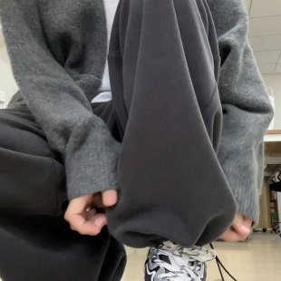 韩国美式运动裤女春秋2025新款高腰阔腿裤束脚休闲冬加绒灰色卫裤