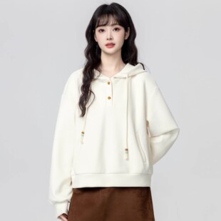 韩国杏色连帽长袖卫衣女款春秋2026春季新款宽松百搭套头带帽短款