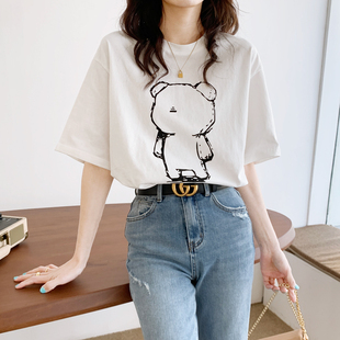 韩国短袖白色t恤女薄款2026年夏装新款宽松韩版纯棉半袖小熊上衣
