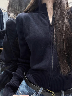 韩国立领拉链针织开衫女秋冬气质毛衣外套藏青色显瘦修身短款上衣