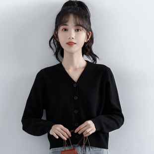 韩国针织开衫外套女长袖2025春季新款黑色v领薄毛衣百搭短款上衣