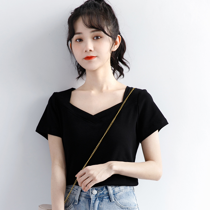 韩国2025年夏季新款百搭V领黑色短袖t恤女小心机设计感露锁骨上衣