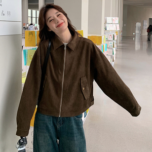 甜酷俏皮麂皮绒外套女2025春秋新款美式复古机车夹克小个子短上衣图片