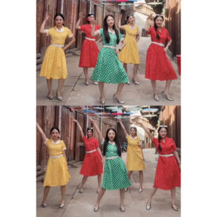 明媚港风穿搭多巴胺8090年代复古波点裙跳舞表演出服装舞蹈连衣裙