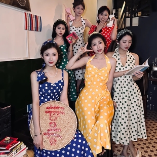 港风挂脖收腰连衣裙8090年代复古女士波点吊带红裙姐妹团拍照晨袍