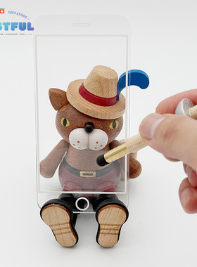 森活木趣木质手机支架木雕长靴猫动物卡通支架治愈系桌面节日摆件