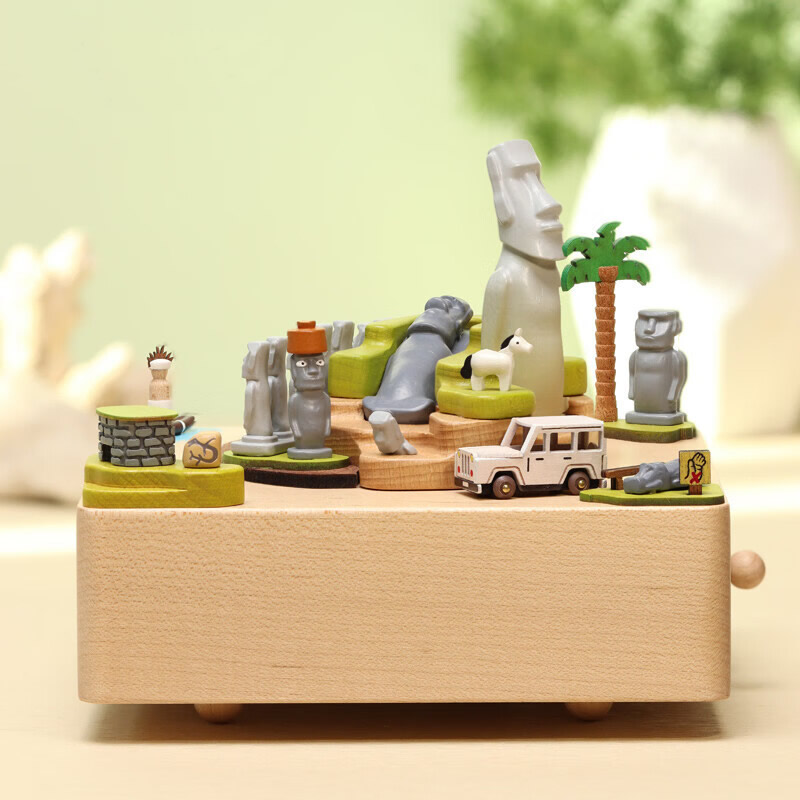 森活木趣创意复活节岛小车旋转木质音乐盒生日圣诞八音闺蜜节日送