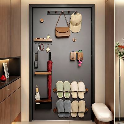 胡桃木磁吸门后衣帽拖鞋收纳架