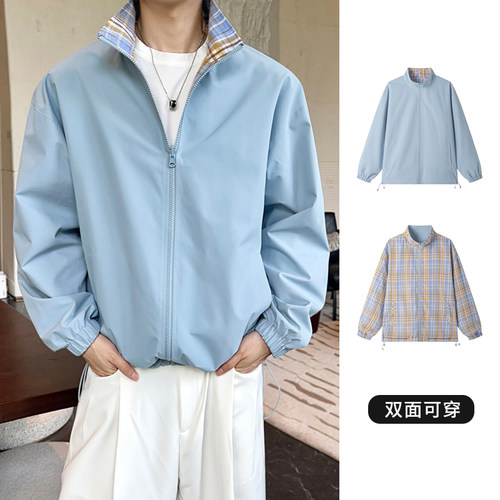 cleanfit飞行员夹克男春秋季设计感双面穿格子拼接外套立领棒球服
